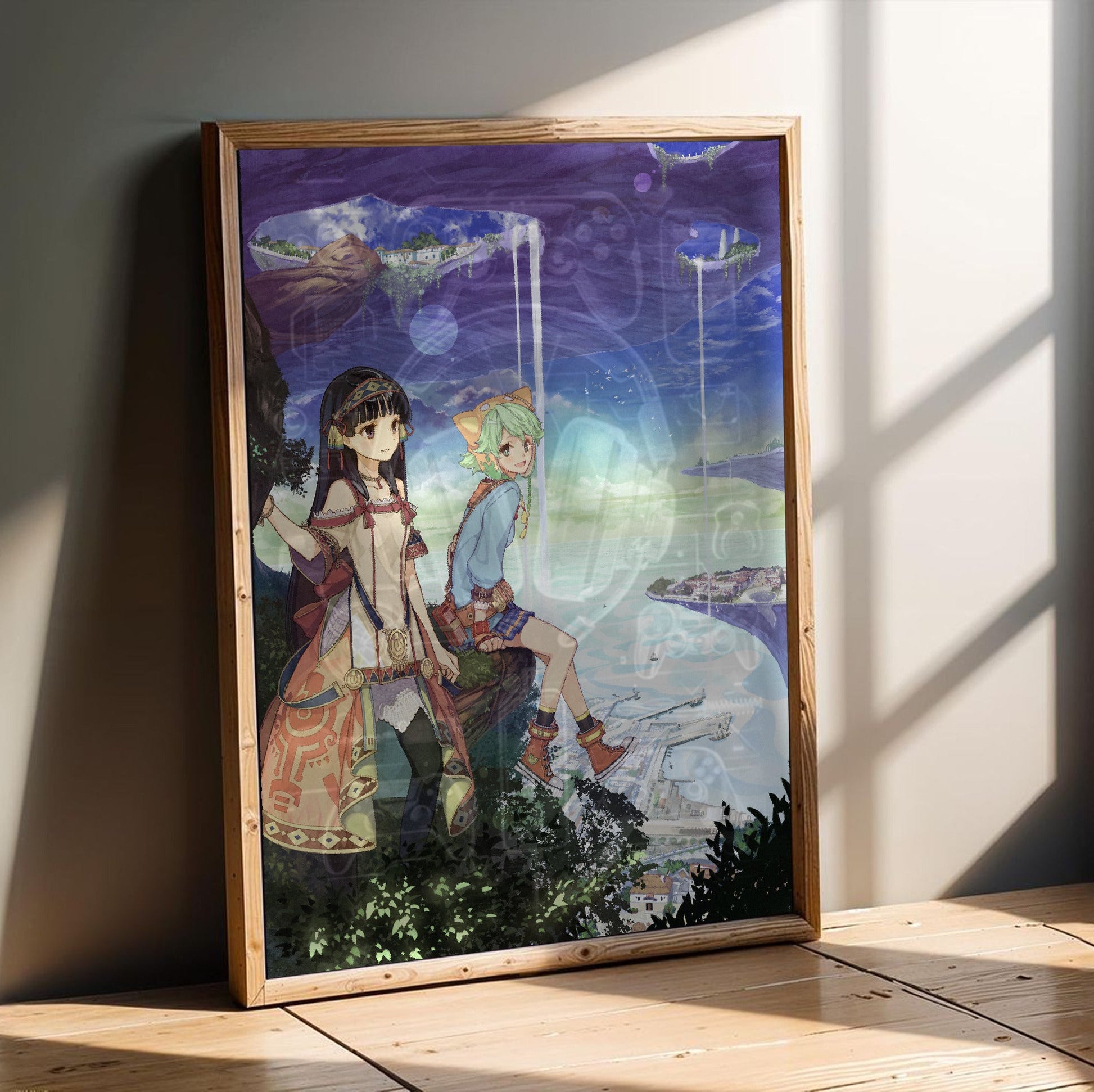Atelier Shallie Alchemists of the Dusk Sea Main Visual by Hidari in an oak frame leaning on a wooden floor