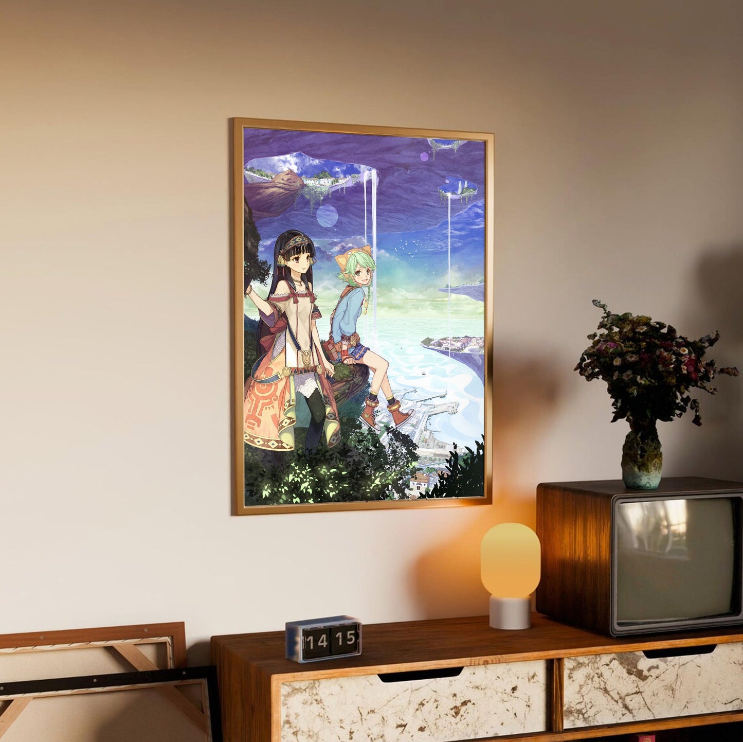 Atelier Shallie Alchemists of the Dusk Sea Main Visual by Hidari in an oak frame above a sideboard