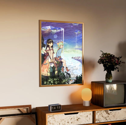 Atelier Shallie Alchemists of the Dusk Sea Main Visual by Hidari in an oak frame above a sideboard