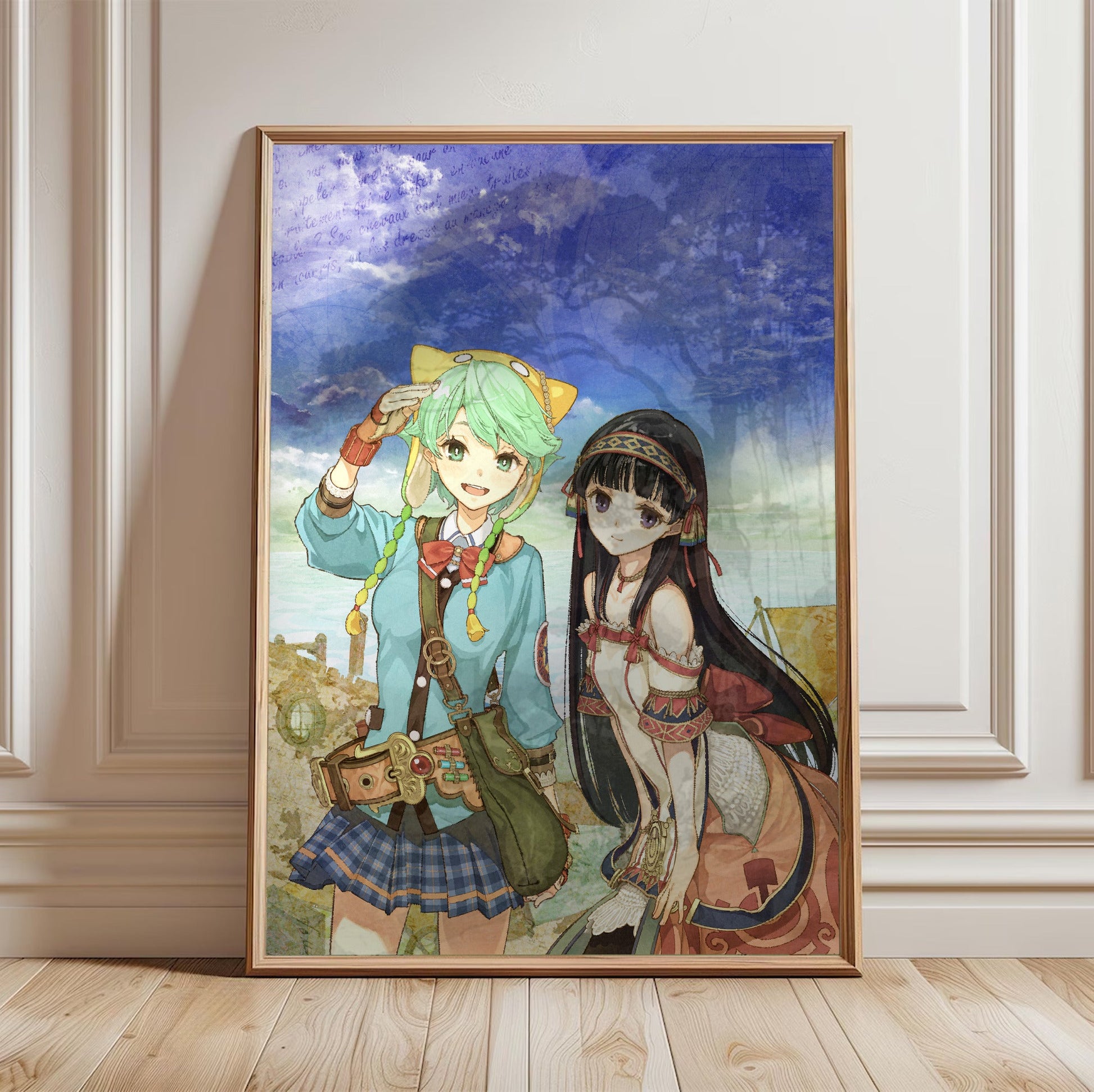 Atelier Shallie Plus Alchemists of the Dusk Sea Key Art by Hidari in a light oak frame leaning against a white wall