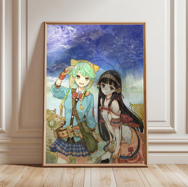 Atelier Shallie Plus Alchemists of the Dusk Sea Key Art by Hidari in a light oak frame leaning against a white wall