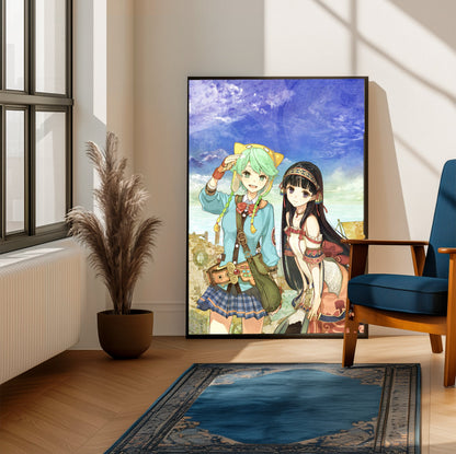 Atelier Shallie Plus Alchemists of the Dusk Sea Key Art by Hidari framed beside a blue armchair in a sunlit room