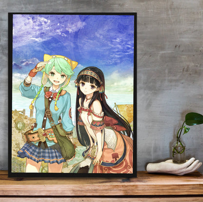Atelier Shallie Plus Alchemists of the Dusk Sea Key Art by Hidari in a black frame on a wooden shelf against concrete