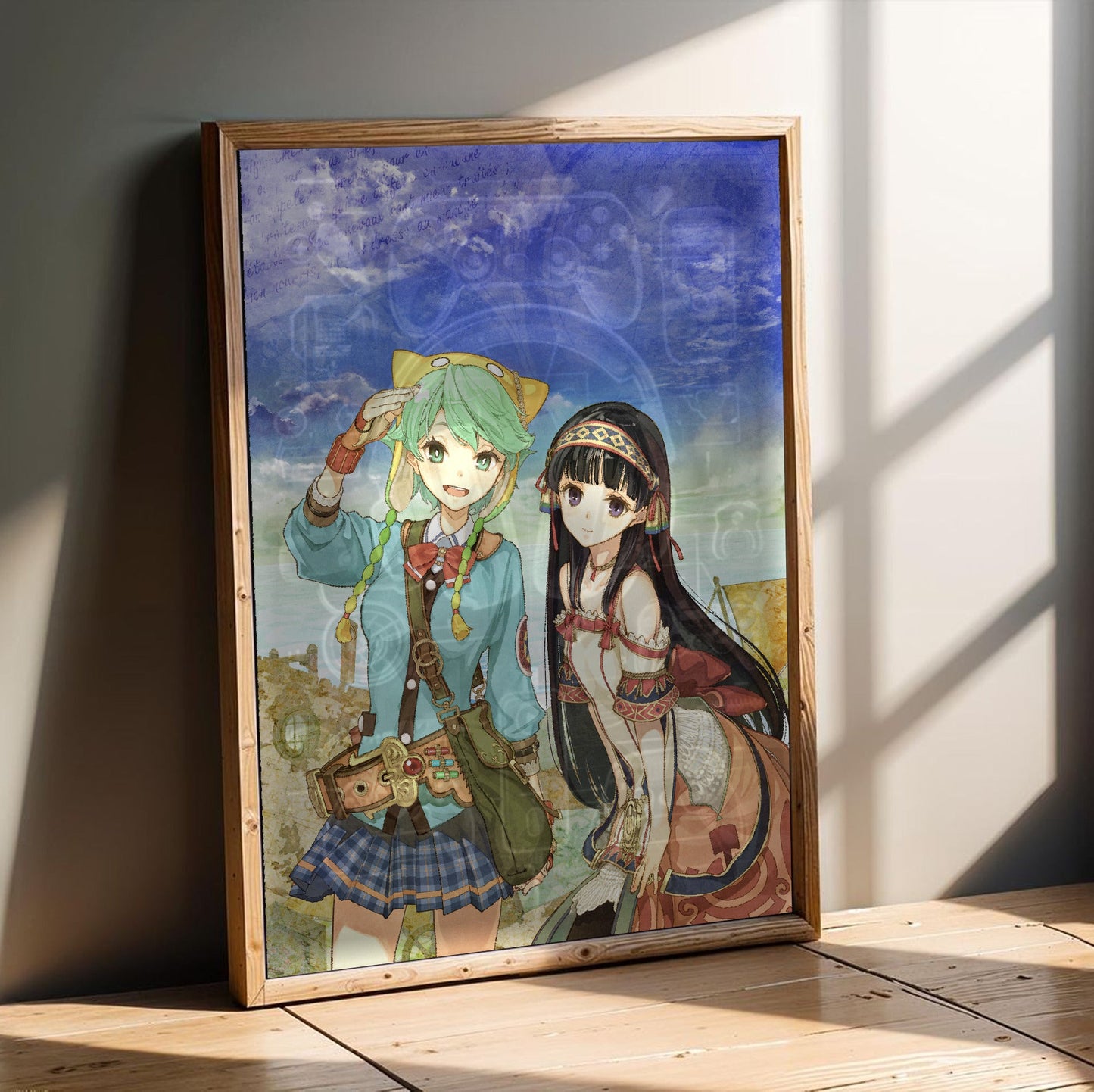 Atelier Shallie Plus Alchemists of the Dusk Sea Key Art by Hidari in an oak frame leaning on a wooden floor