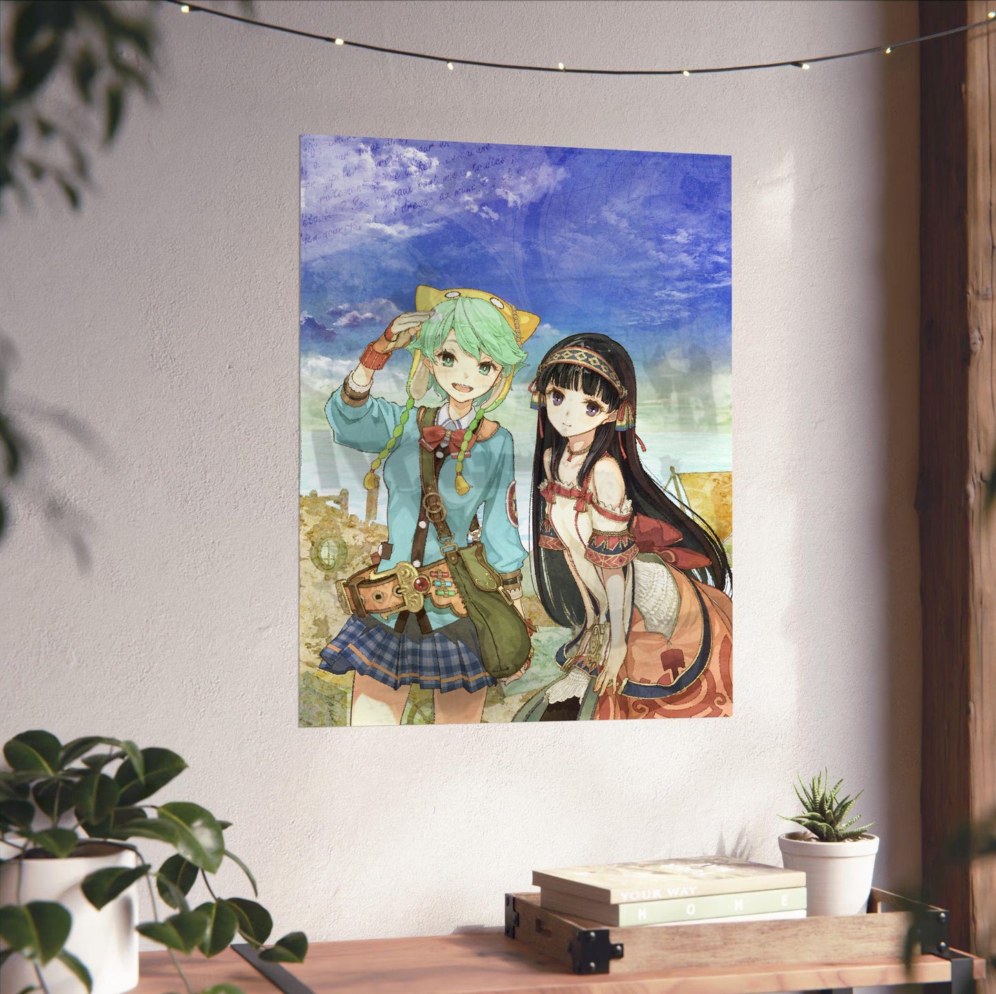 Atelier Shallie Plus Alchemists of the Dusk Sea Key Art by Hidari unframed on a white wall above a desk