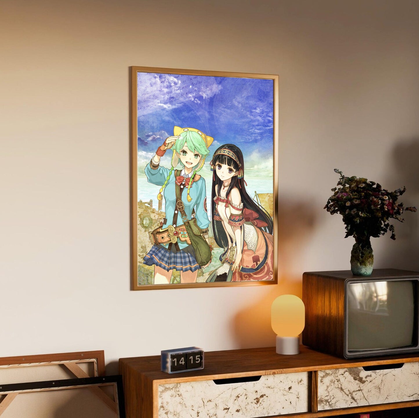 Atelier Shallie Plus Alchemists of the Dusk Sea Key Art by Hidari in an oak frame above a sideboard