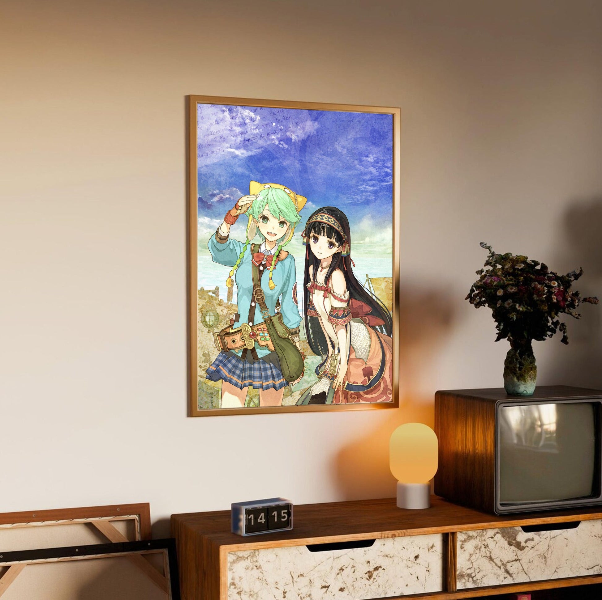 Atelier Shallie Plus Alchemists of the Dusk Sea Key Art by Hidari in an oak frame above a sideboard