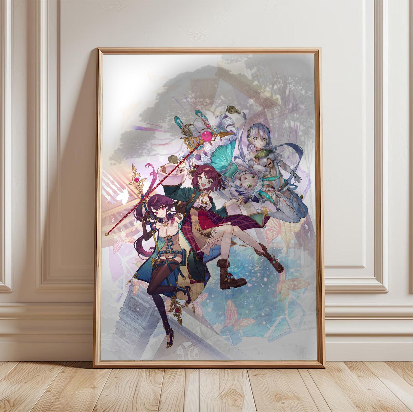 Atelier Sophie The Alchemist of the Mysterious Dream Official Key Art in a light oak frame leaning against a white wall