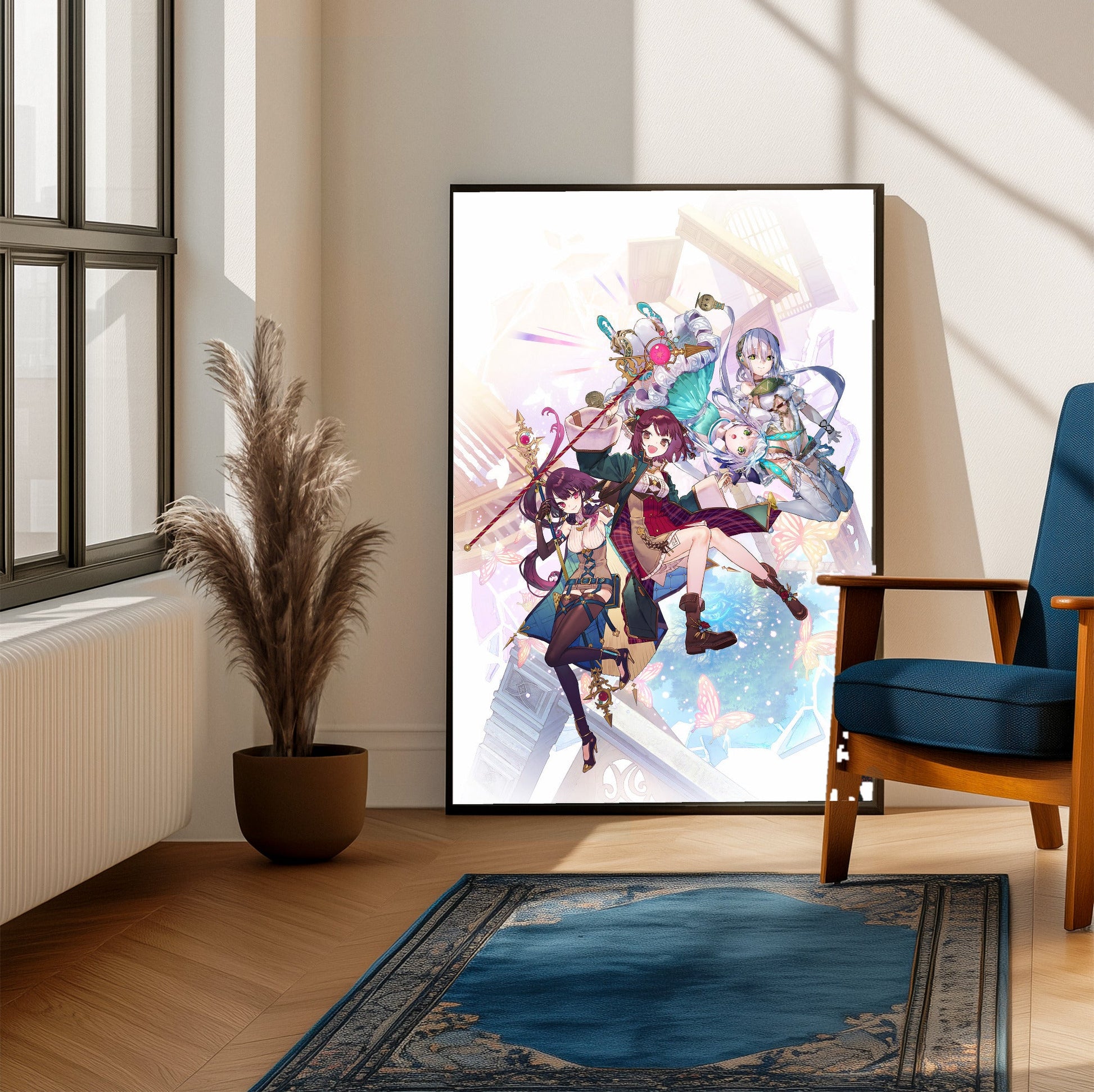 Atelier Sophie The Alchemist of the Mysterious Dream Official Key Art framed beside a blue armchair in a sunlit room