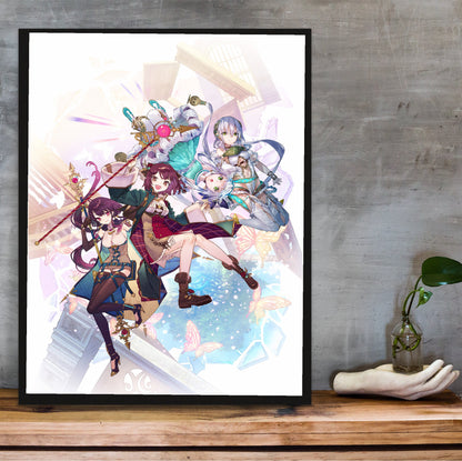 Atelier Sophie The Alchemist of the Mysterious Dream Official Key Art in a black frame on a wooden shelf against concrete