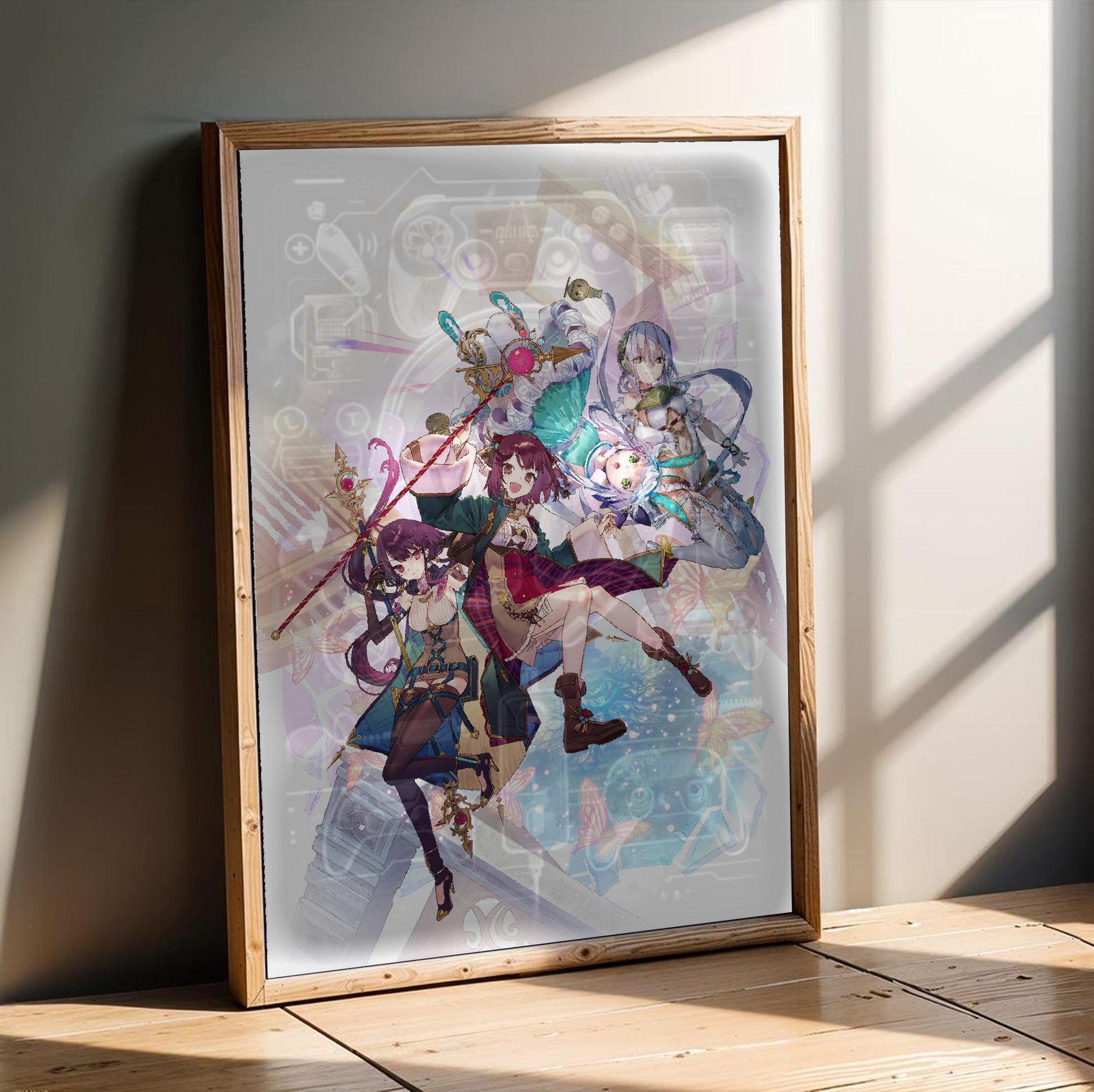 Atelier Sophie The Alchemist of the Mysterious Dream Official Key Art in an oak frame leaning on a wooden floor