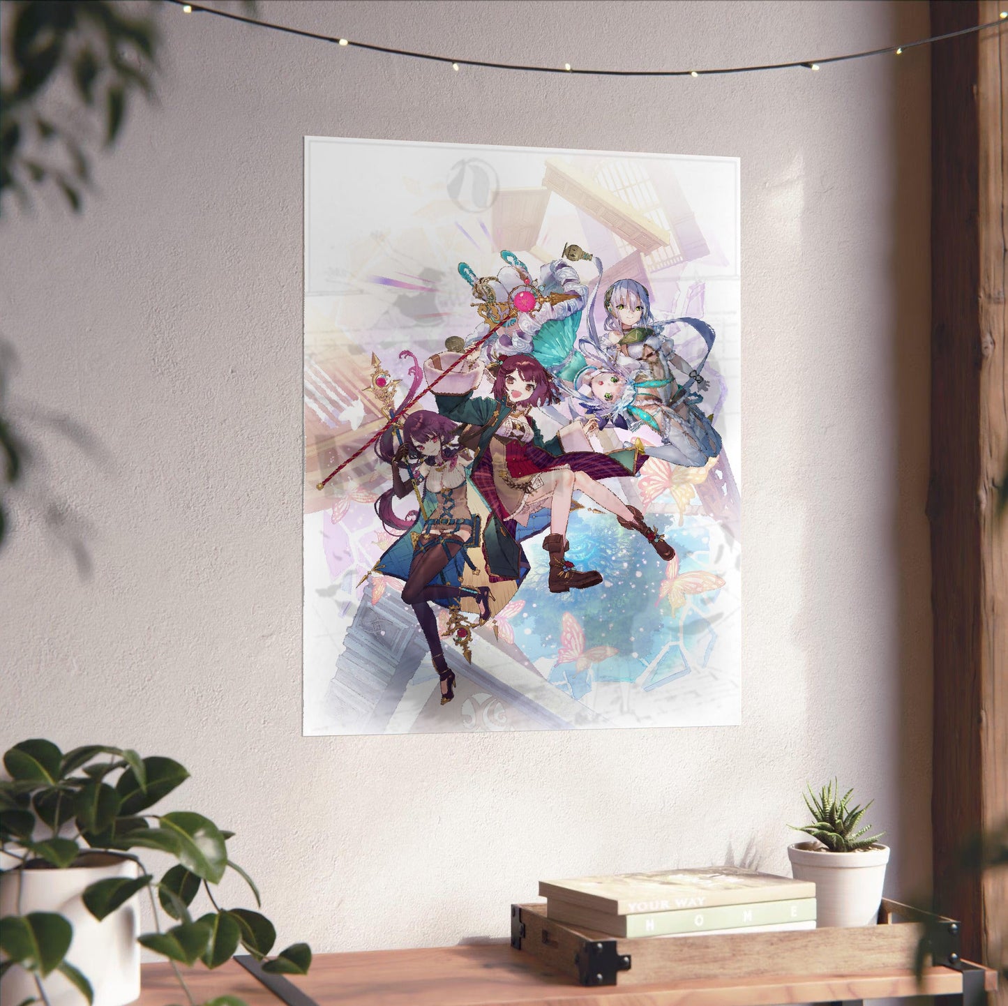 Atelier Sophie The Alchemist of the Mysterious Dream Official Key Art unframed on a white wall above a desk