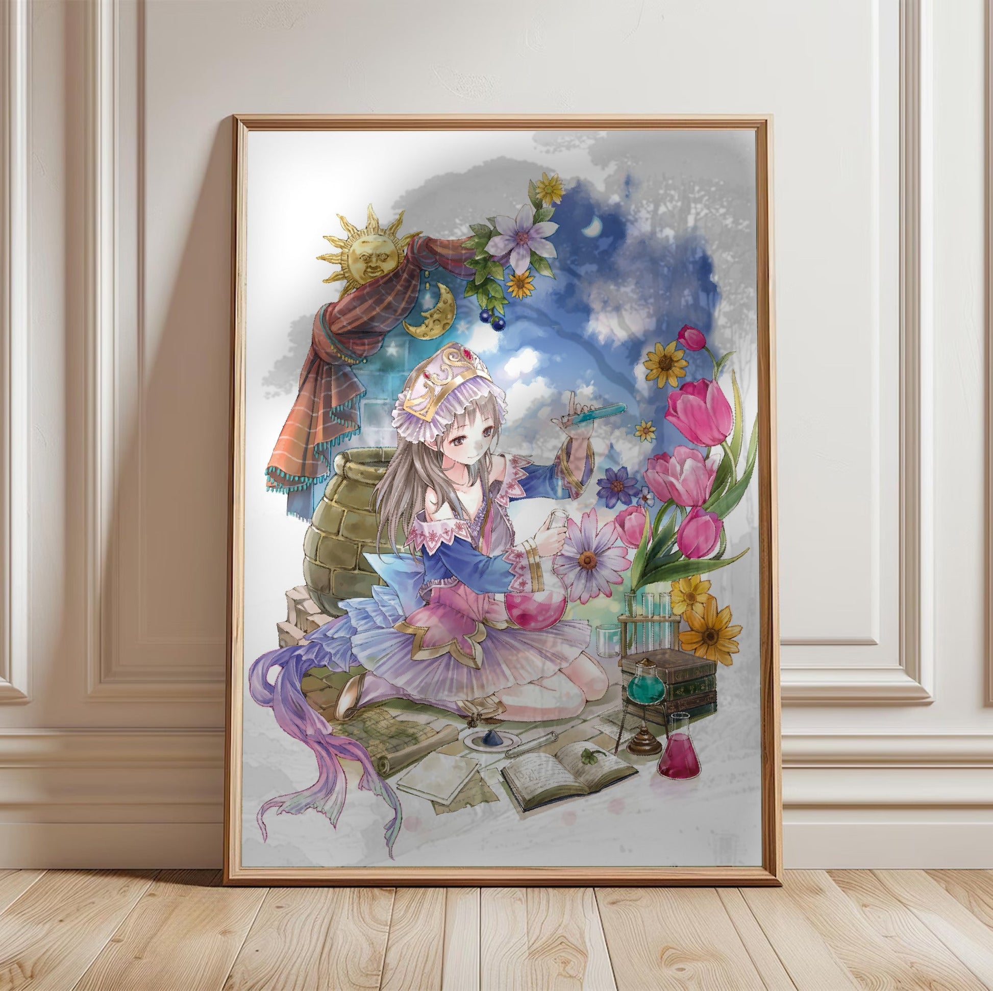 Atelier Totori The Adventurer of Arland Cover Art by Mel Kishida in a light oak frame leaning against a white wall