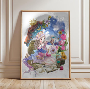 Atelier Totori The Adventurer of Arland Cover Art by Mel Kishida in a light oak frame leaning against a white wall