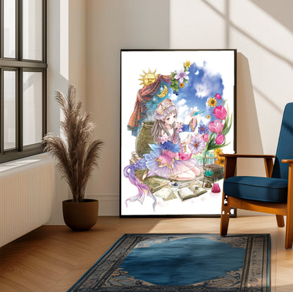 Atelier Totori The Adventurer of Arland Cover Art by Mel Kishida framed beside a blue armchair in a sunlit room