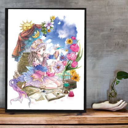Atelier Totori The Adventurer of Arland Cover Art by Mel Kishida in a black frame on a wooden shelf against concrete