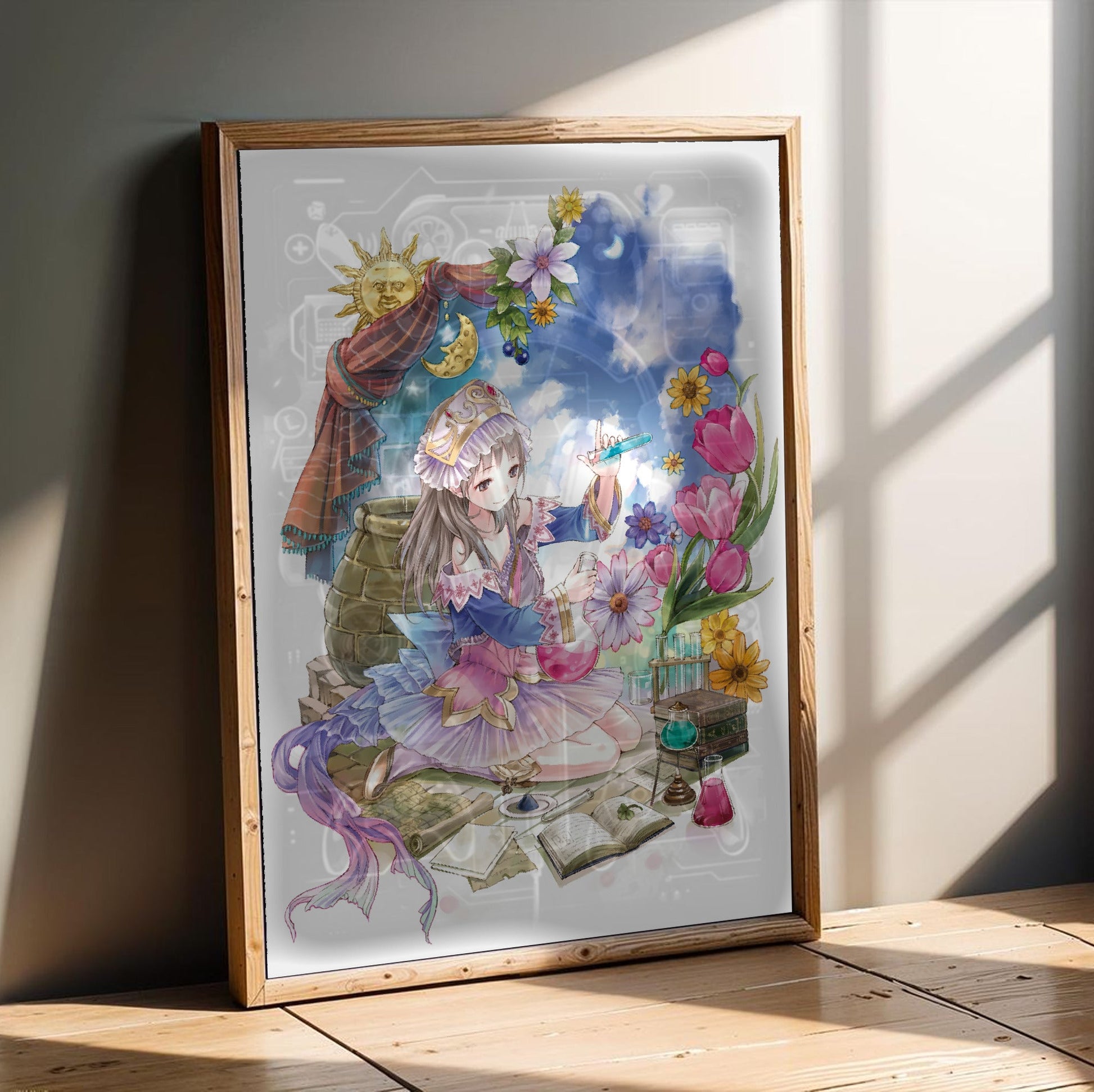 Atelier Totori The Adventurer of Arland Cover Art by Mel Kishida in an oak frame leaning on a wooden floor
