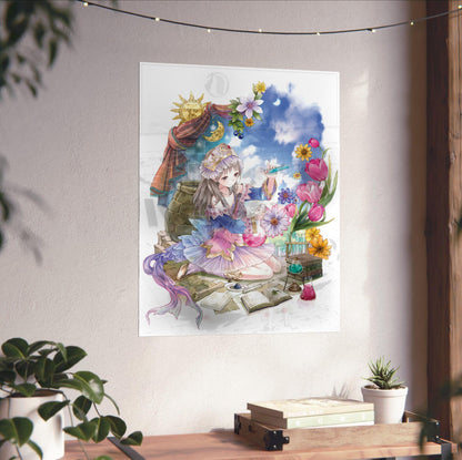 Atelier Totori The Adventurer of Arland Cover Art by Mel Kishida unframed on a white wall above a desk