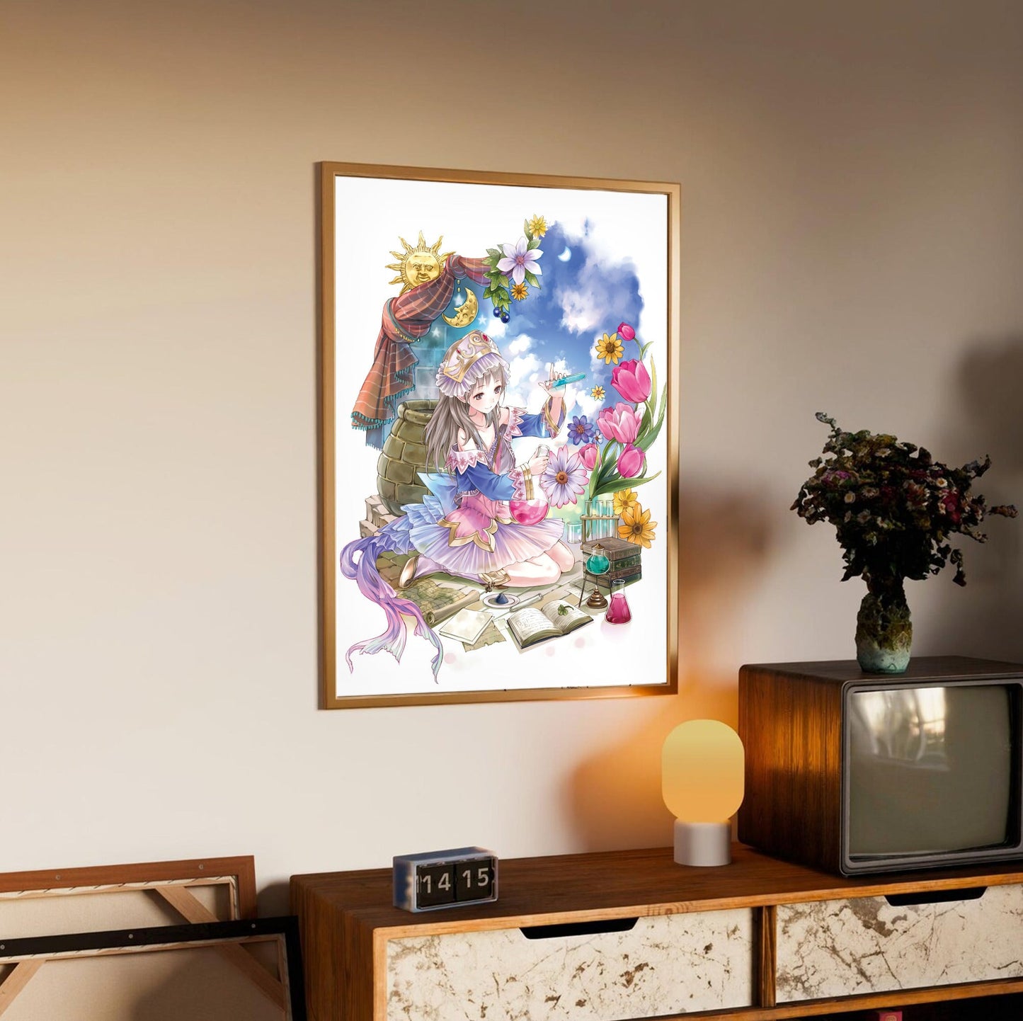 Atelier Totori The Adventurer of Arland Cover Art by Mel Kishida in an oak frame above a sideboard