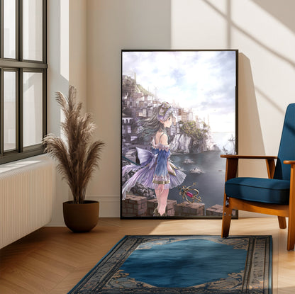 Atelier Totori The Adventurer of Arland US Cover Art framed beside a blue armchair in a sunlit room