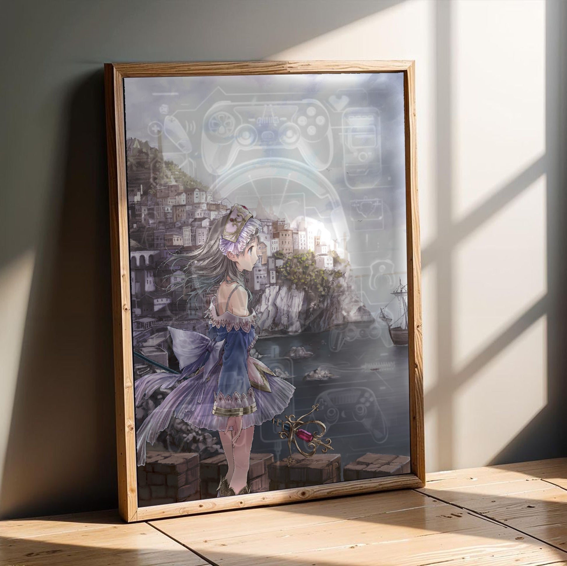 Atelier Totori The Adventurer of Arland US Cover Art in an oak frame leaning on a wooden floor