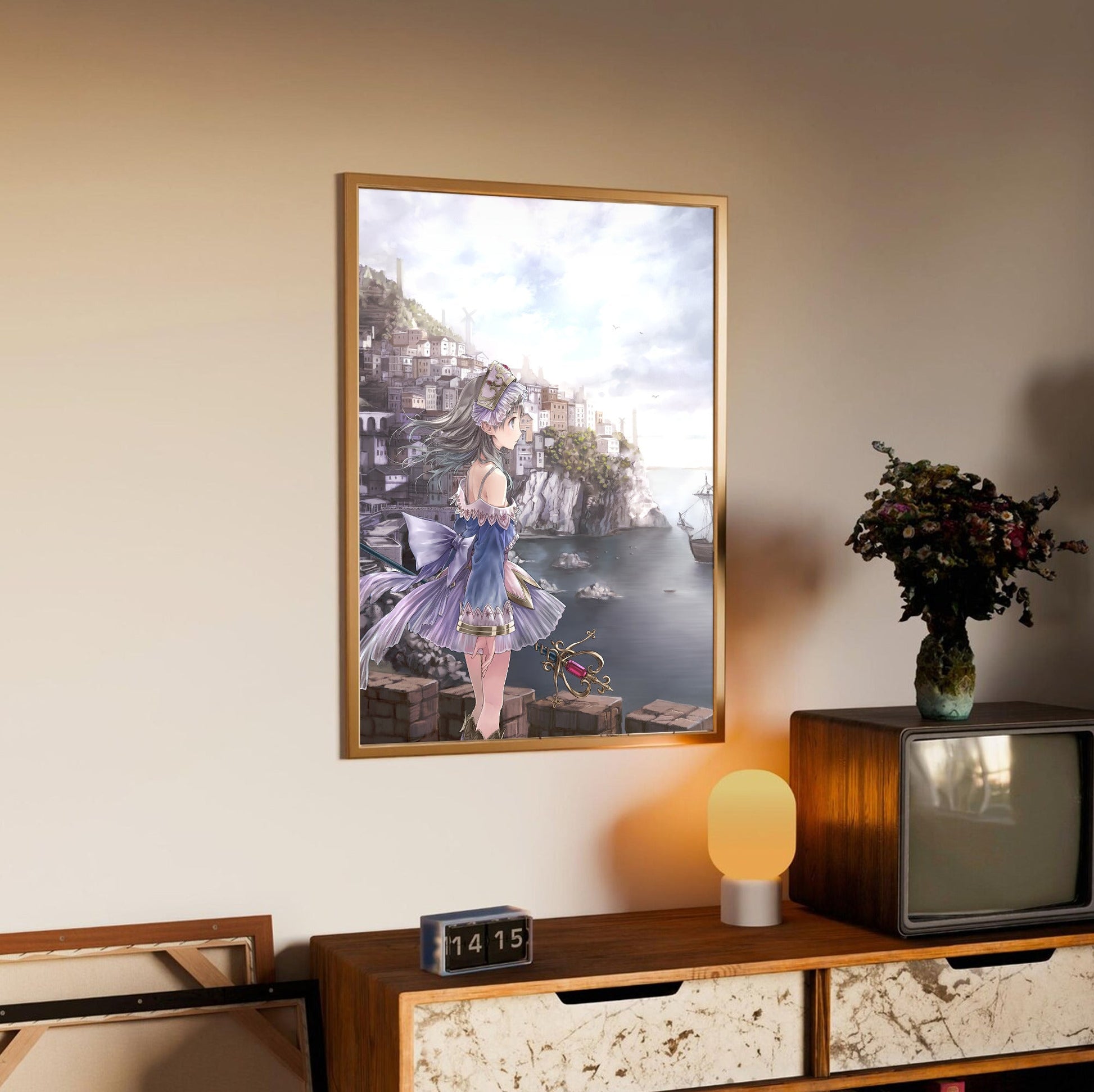 Atelier Totori The Adventurer of Arland US Cover Art in an oak frame above a sideboard