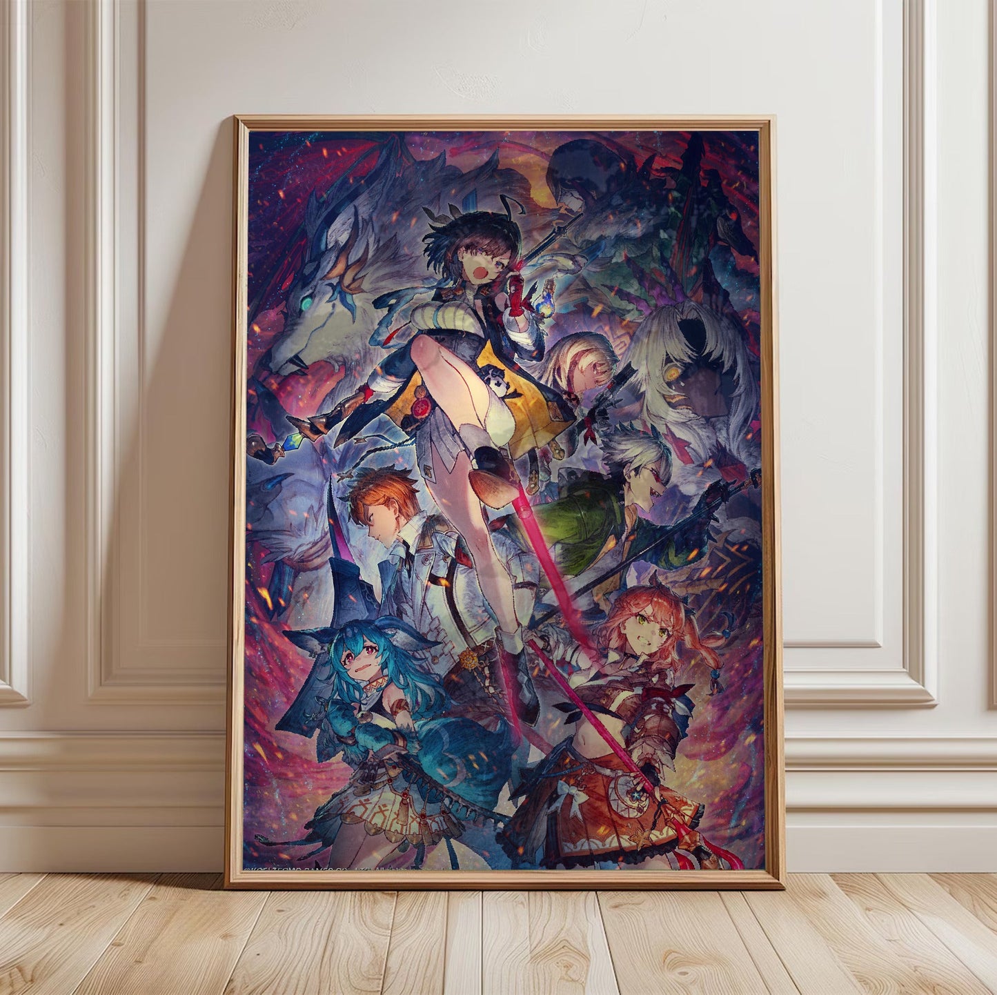 Atelier Yumia The Alchemist of Memories and the Envisioned Land Key Art 02 in a light oak frame leaning against a white wall