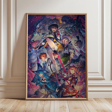 Atelier Yumia The Alchemist of Memories and the Envisioned Land Key Art 02 in a light oak frame leaning against a white wall