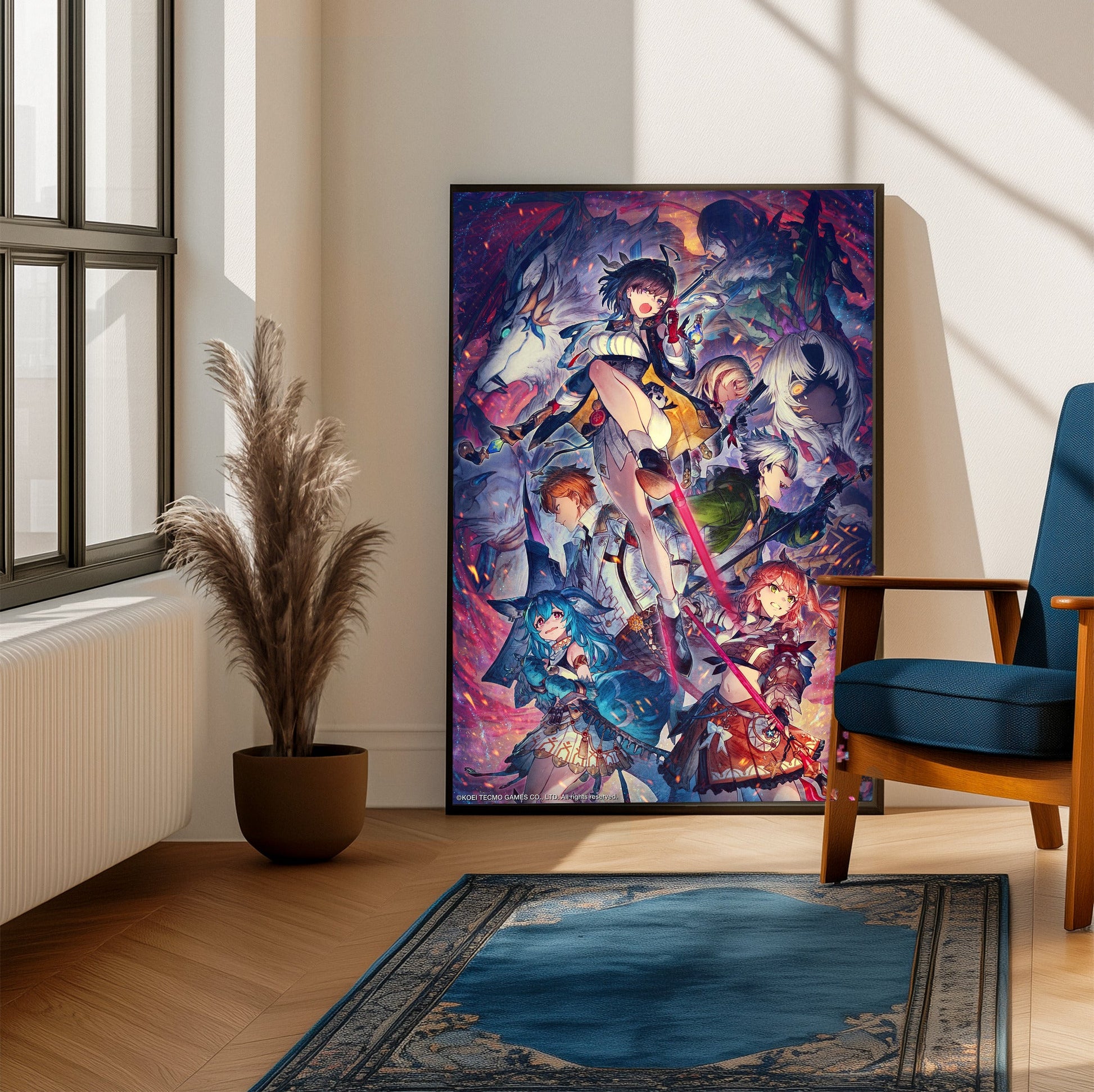 Atelier Yumia The Alchemist of Memories and the Envisioned Land Key Art 02 framed beside a blue armchair in a sunlit room