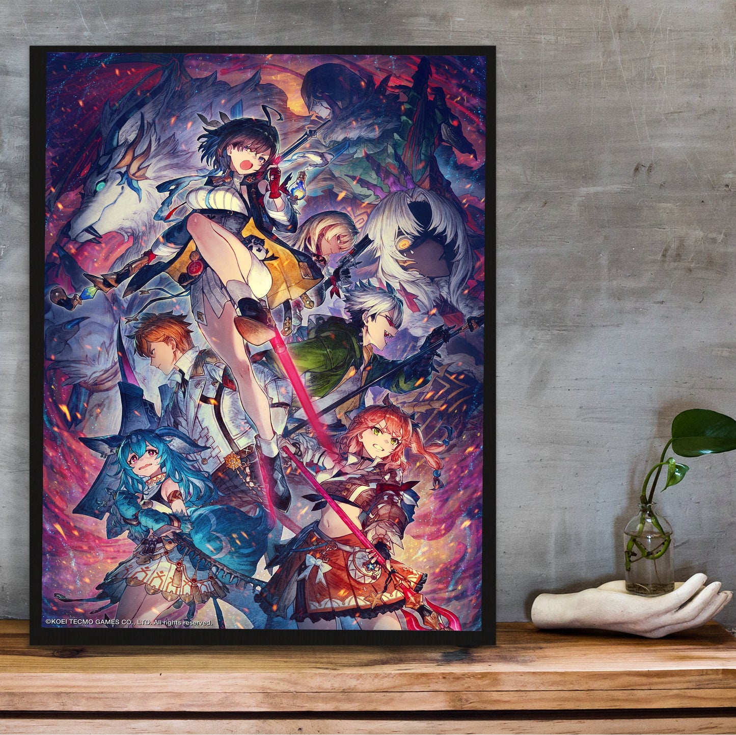 Atelier Yumia The Alchemist of Memories and the Envisioned Land Key Art 02 in a black frame on a wooden shelf against concrete