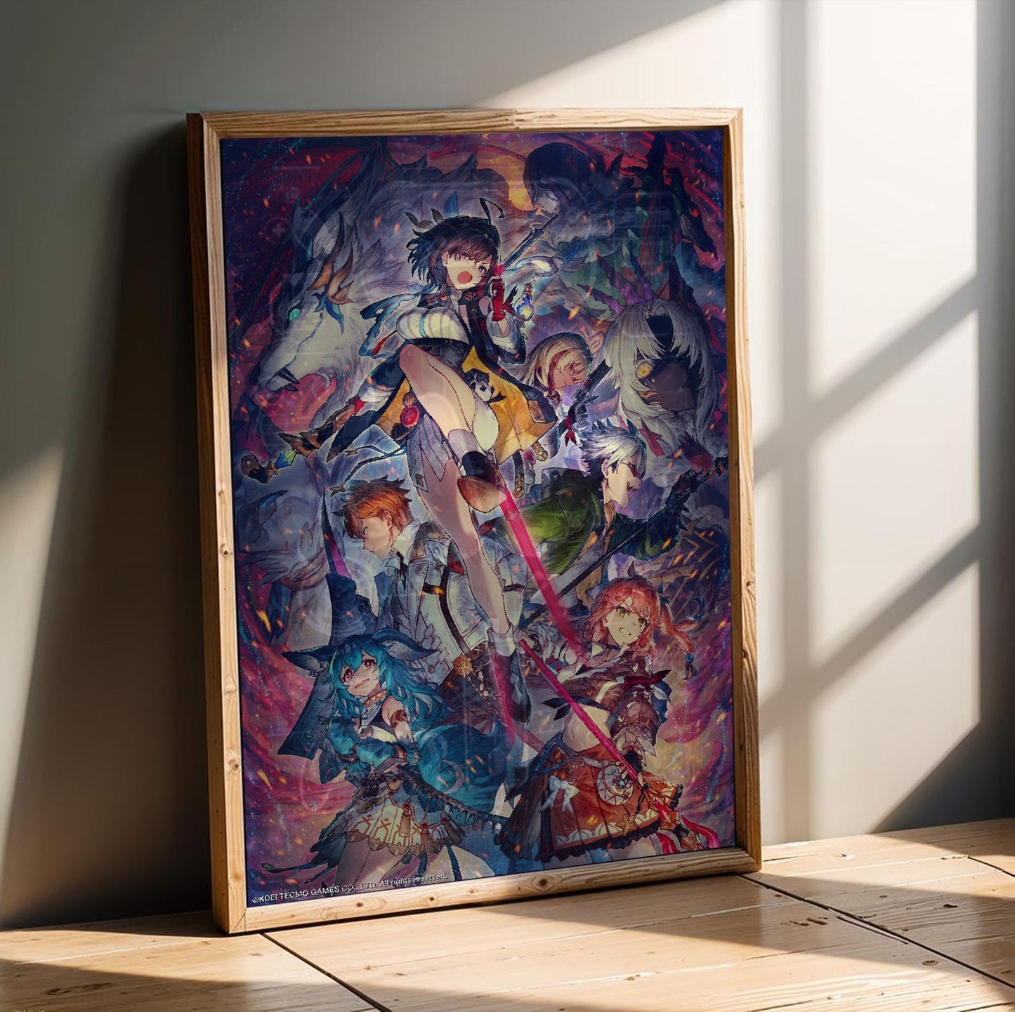 Atelier Yumia The Alchemist of Memories and the Envisioned Land Key Art 02 in an oak frame leaning on a wooden floor