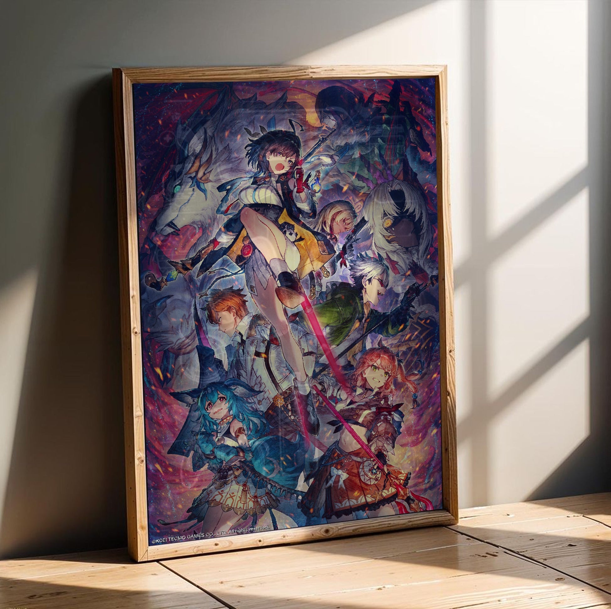 Atelier Yumia The Alchemist of Memories and the Envisioned Land Key Art 02 in an oak frame leaning on a wooden floor