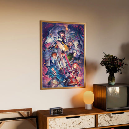 Atelier Yumia The Alchemist of Memories and the Envisioned Land Key Art 02 in an oak frame above a sideboard