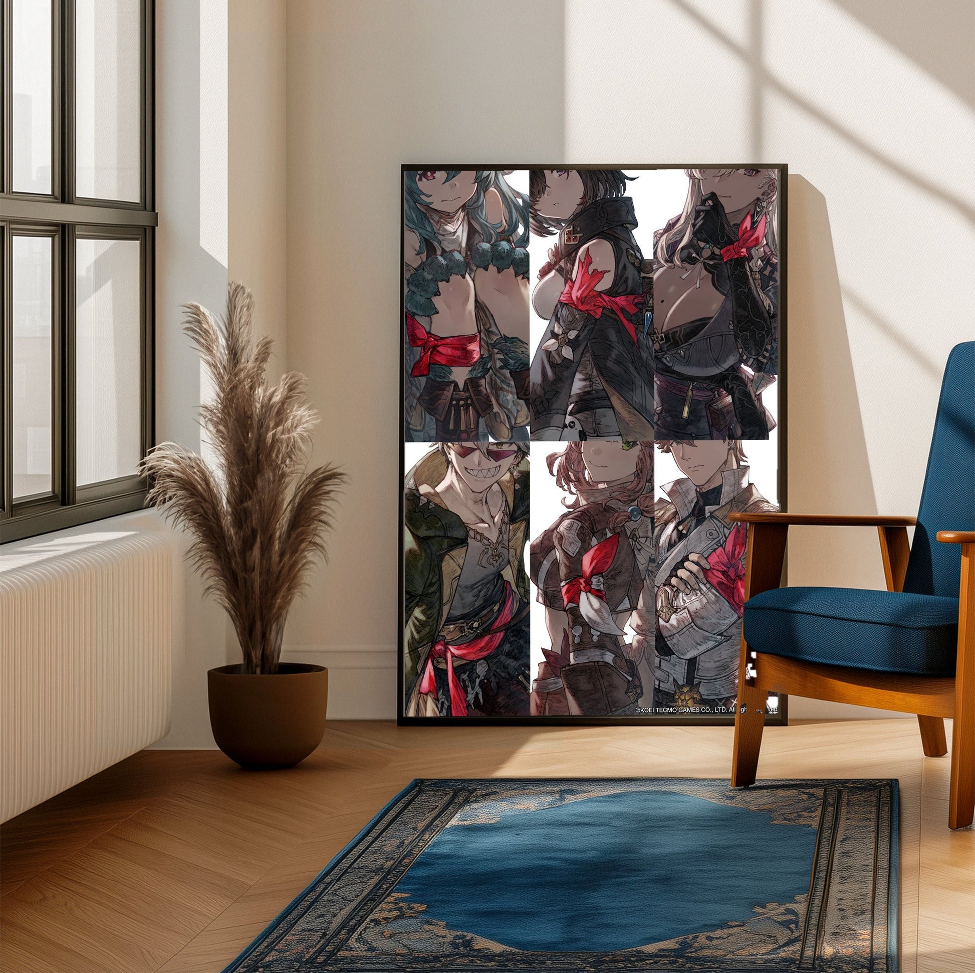 Atelier Yumia The Alchemist of Memories and the Envisioned Land Key Art 04 framed beside a blue armchair in a sunlit room