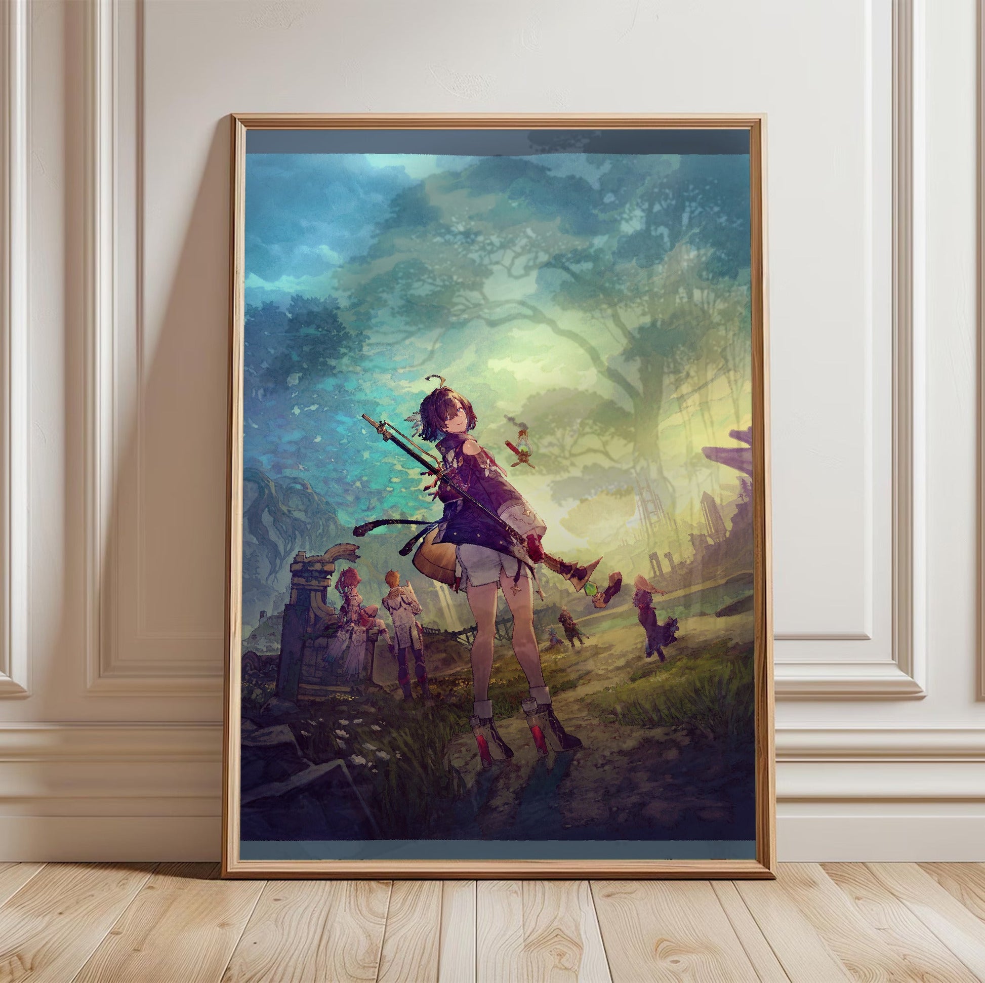 Atelier Yumia The Alchemist of Memories and the Envisioned Land Official Key Art in a light oak frame leaning against a white wall