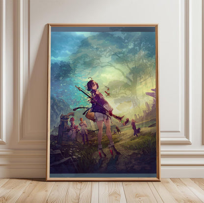 Atelier Yumia The Alchemist of Memories and the Envisioned Land Official Key Art in a light oak frame leaning against a white wall
