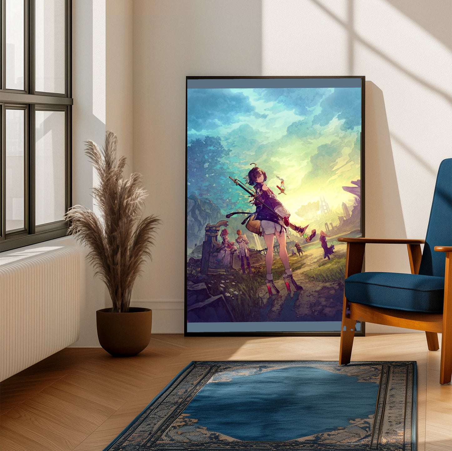 Atelier Yumia The Alchemist of Memories and the Envisioned Land Official Key Art framed beside a blue armchair in a sunlit room