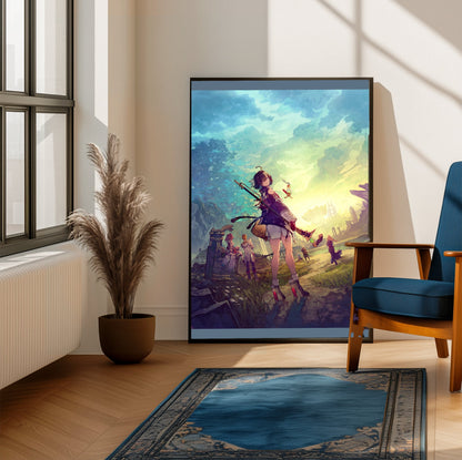 Atelier Yumia The Alchemist of Memories and the Envisioned Land Official Key Art framed beside a blue armchair in a sunlit room