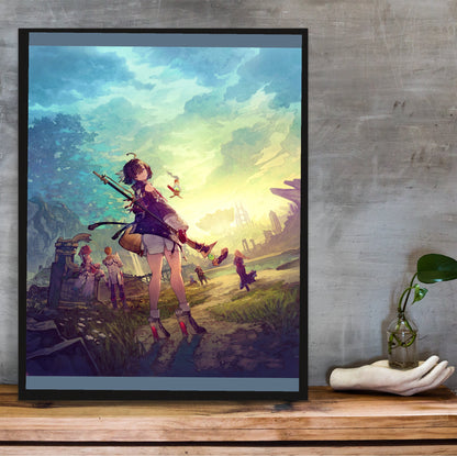 Atelier Yumia The Alchemist of Memories and the Envisioned Land Official Key Art in a black frame on a wooden shelf against concrete