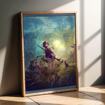 Atelier Yumia The Alchemist of Memories and the Envisioned Land Official Key Art in an oak frame leaning on a wooden floor