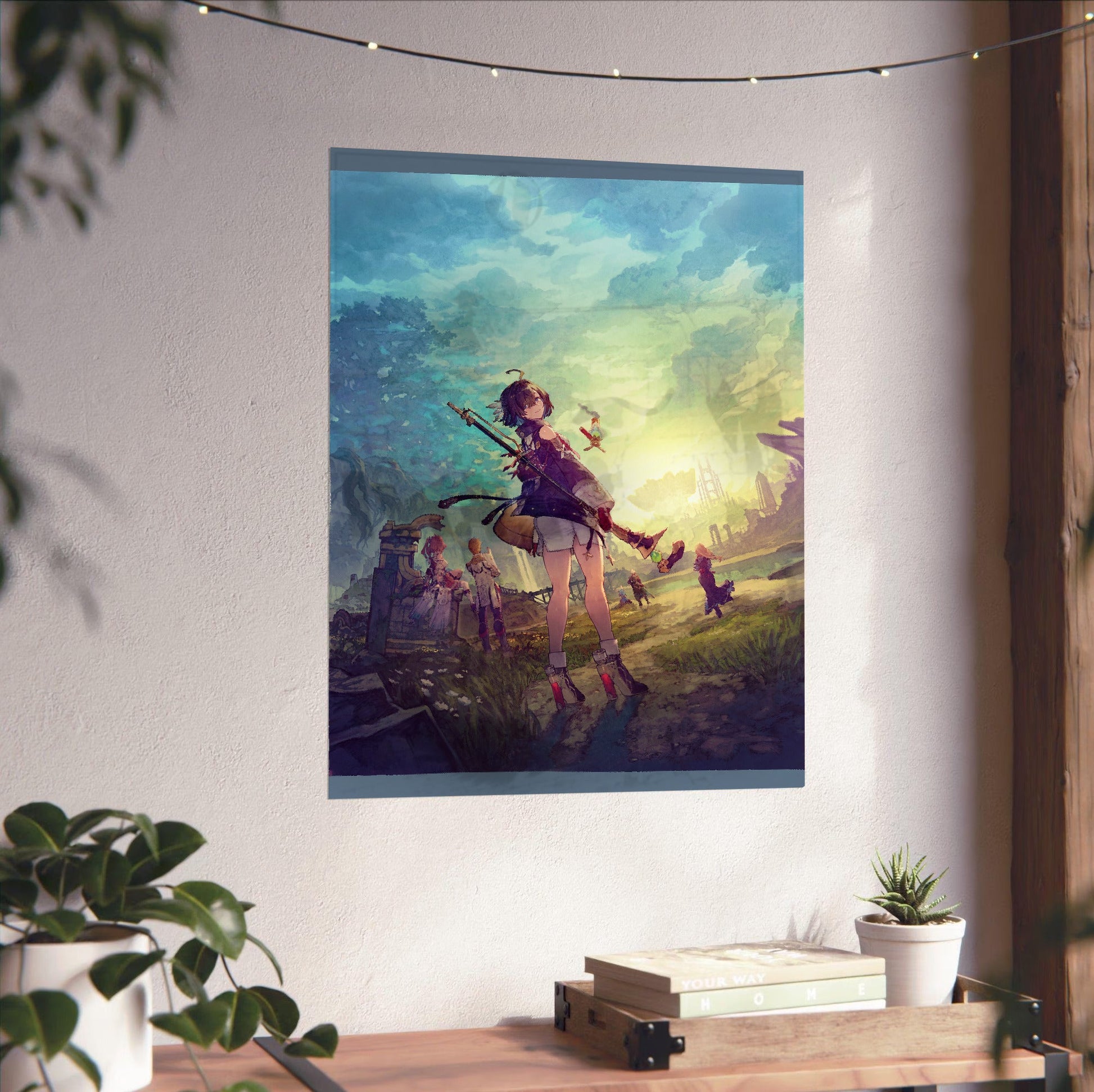 Atelier Yumia The Alchemist of Memories and the Envisioned Land Official Key Art unframed on a white wall above a desk