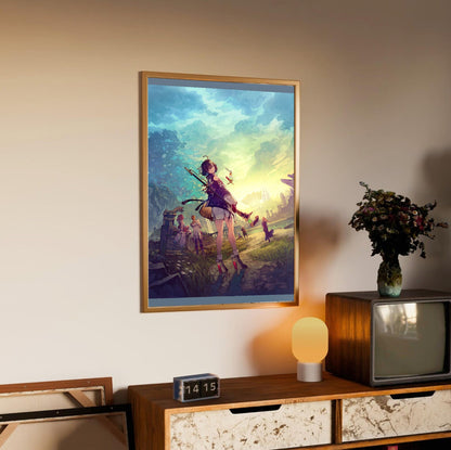 Atelier Yumia The Alchemist of Memories and the Envisioned Land Official Key Art in an oak frame above a sideboard