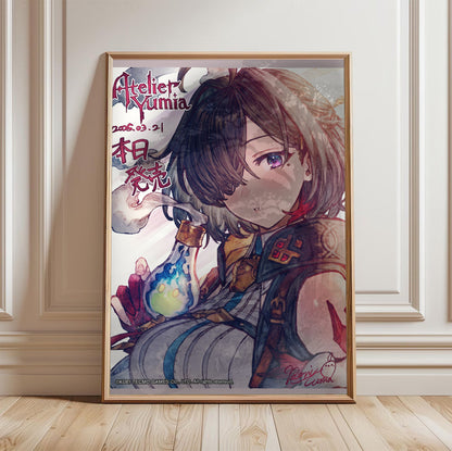 Atelier Yumia The Alchemist of Memories and the Envisioned Land Launch Key Visual in a light oak frame leaning against a white wall
