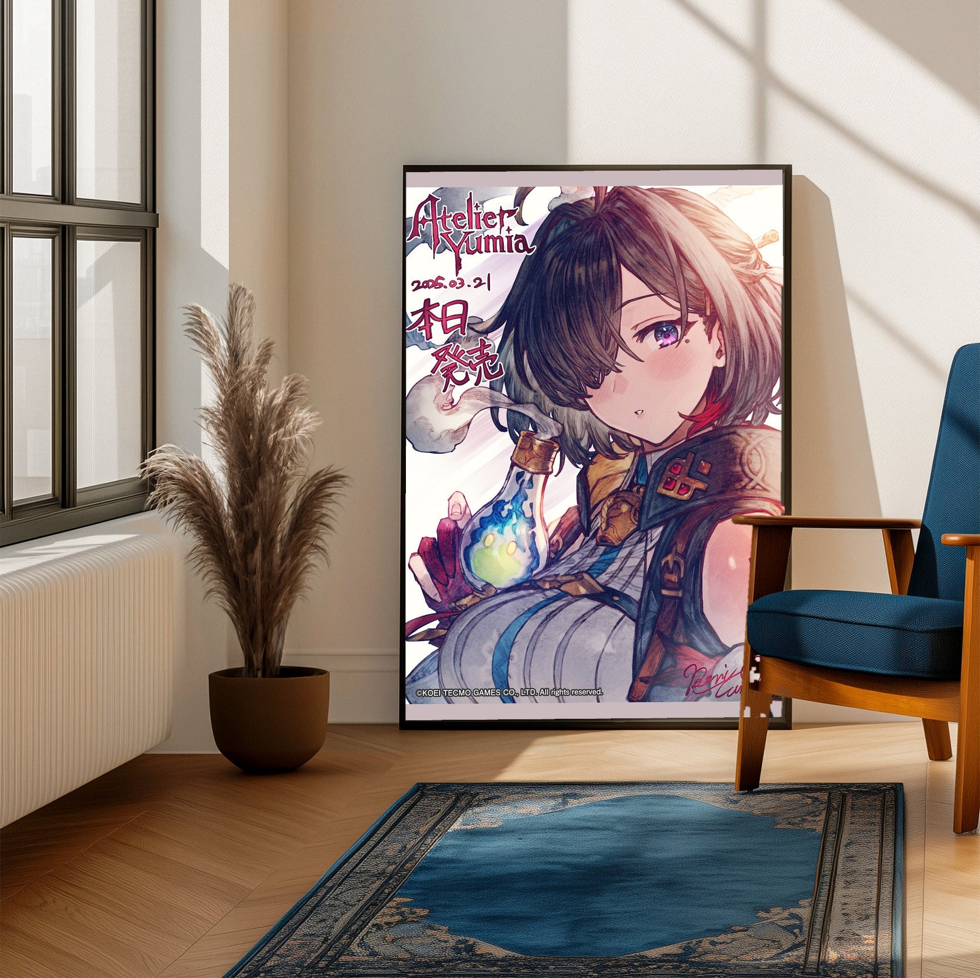 Atelier Yumia The Alchemist of Memories and the Envisioned Land Launch Key Visual framed beside a blue armchair in a sunlit room