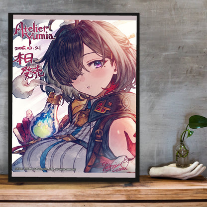 Atelier Yumia The Alchemist of Memories and the Envisioned Land Launch Key Visual in a black frame on a wooden shelf against concrete