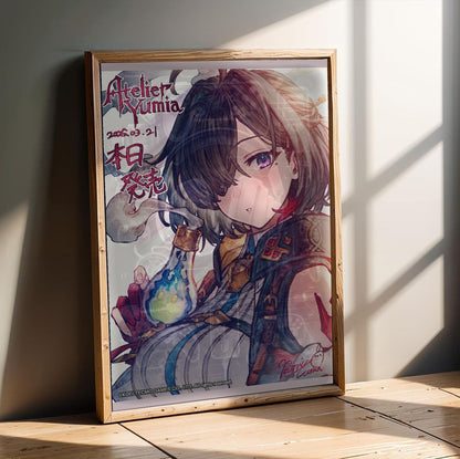 Atelier Yumia The Alchemist of Memories and the Envisioned Land Launch Key Visual in an oak frame leaning on a wooden floor