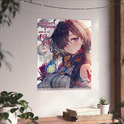 Atelier Yumia The Alchemist of Memories and the Envisioned Land Launch Key Visual unframed on a white wall above a desk