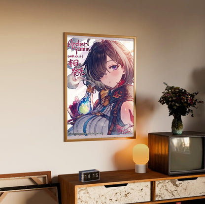 Atelier Yumia The Alchemist of Memories and the Envisioned Land Launch Key Visual in an oak frame above a sideboard