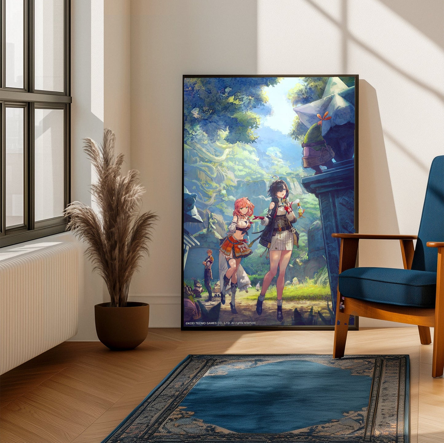 Atelier Yumia The Alchemist of Memories and the Envisioned Land Visiting the Alber framed beside a blue armchair in a sunlit room
