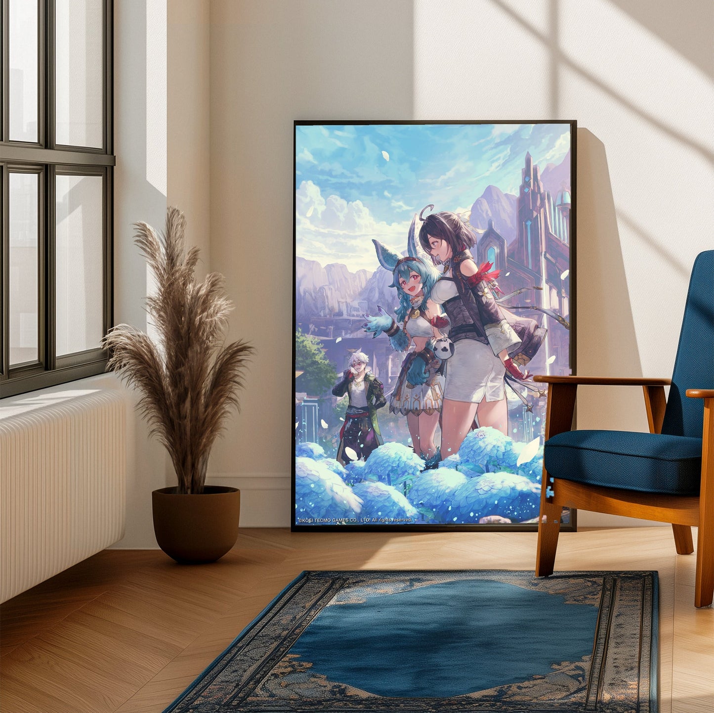 Atelier Yumia The Alchemist of Memories and the Envisioned Land Welleks Settlement framed beside a blue armchair in a sunlit room